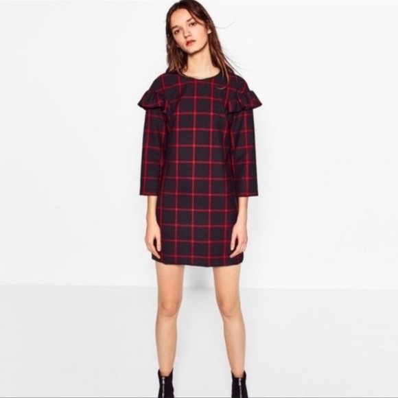 Zara Trafaluc Plaid Ruffle Shoulder Shift Dress Mini Navy Red Size XS - Picture 7 of 7